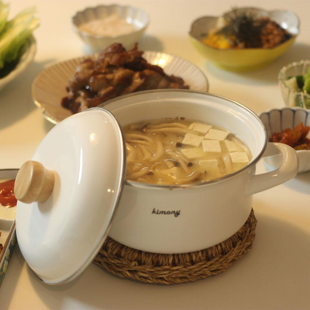 후지호로 키모니 화이트 법랑 인덕션용 작은 1인용 양수냄비 캐서롤 15cm