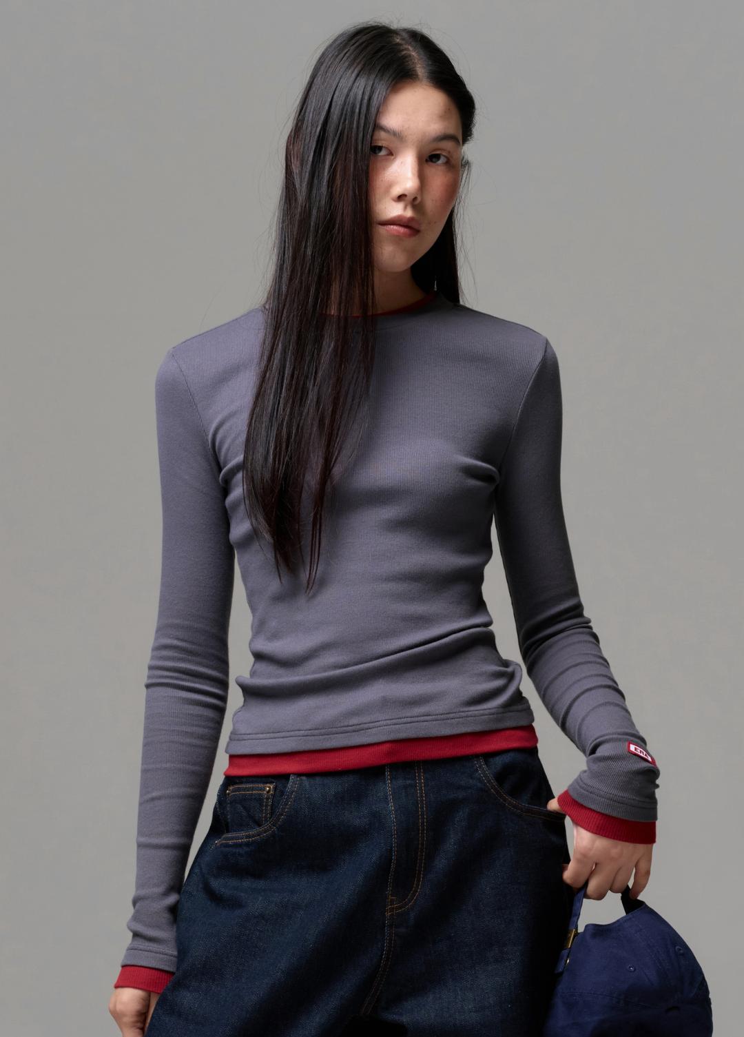 WOMEN COLOR LAYERED SLIM RIB T - ASH BERRY