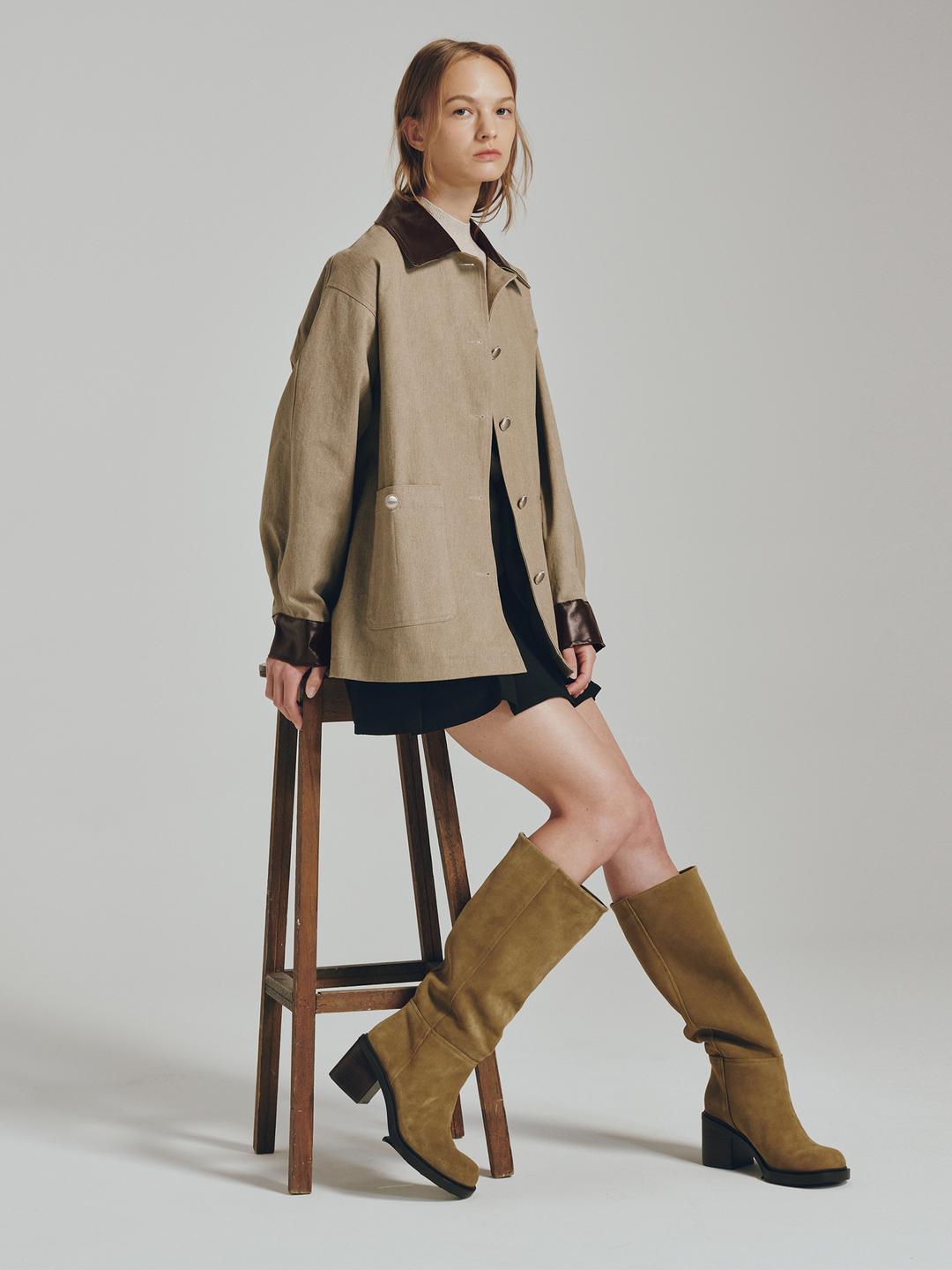 누브 코튼 레더 워크 자켓 - 베이지 / Cotton Leather Work Jacket - Beige