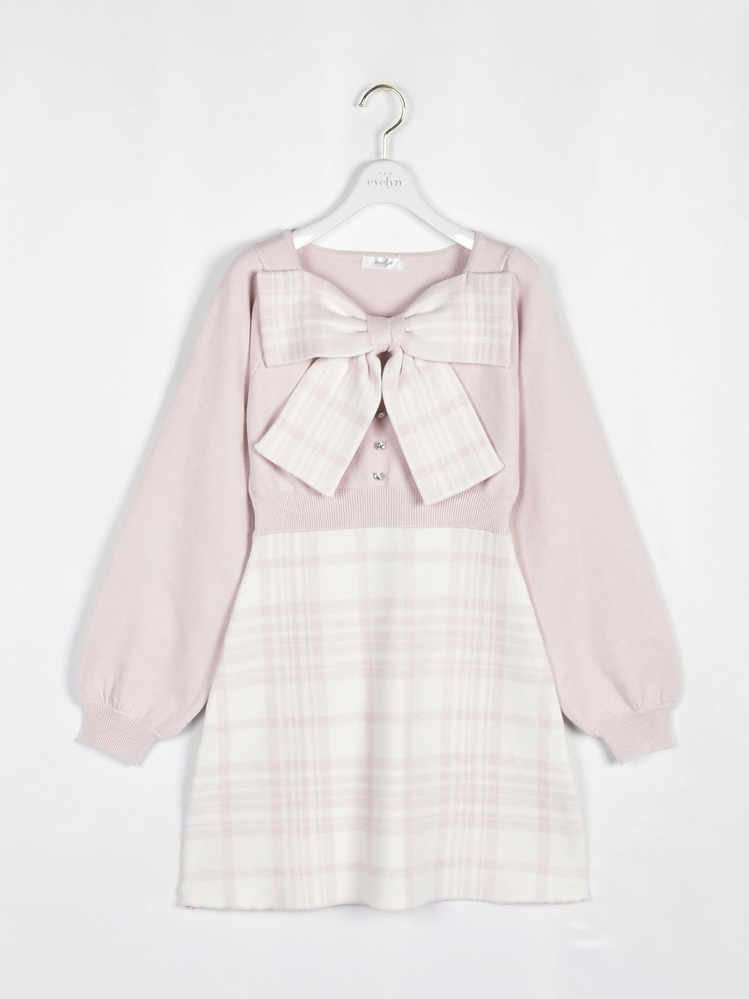 リボンチェックニットワンピース