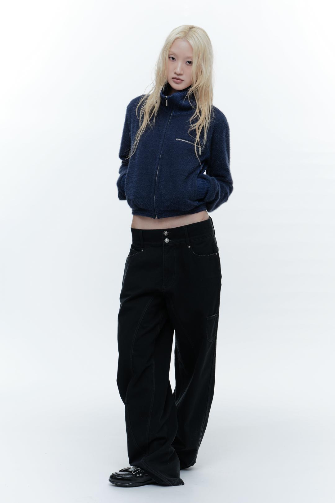 HIGH NECK KNIT ZIP-UP NAVY