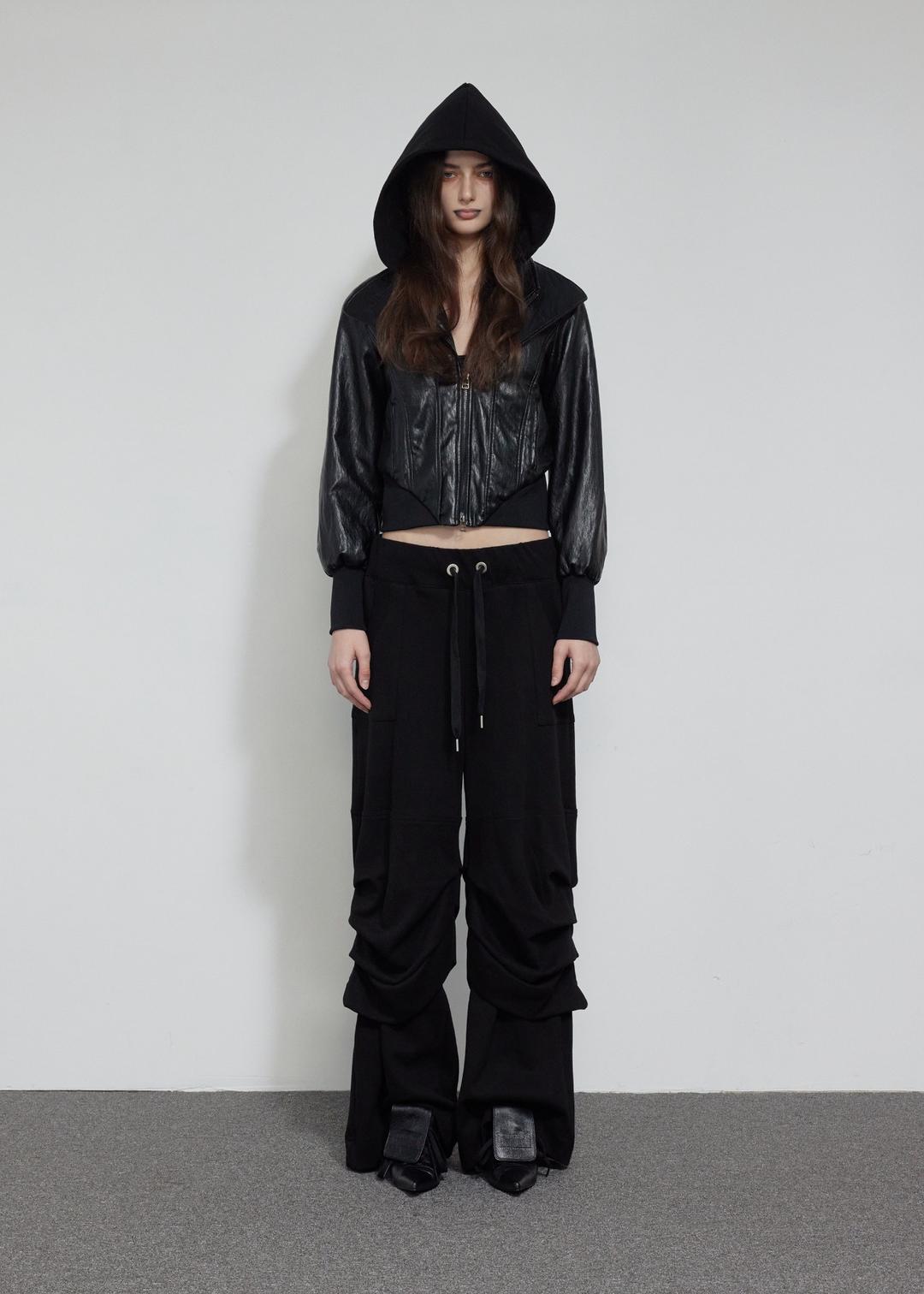 LAYERED HOODIE LEATHER JACKET, BLACK