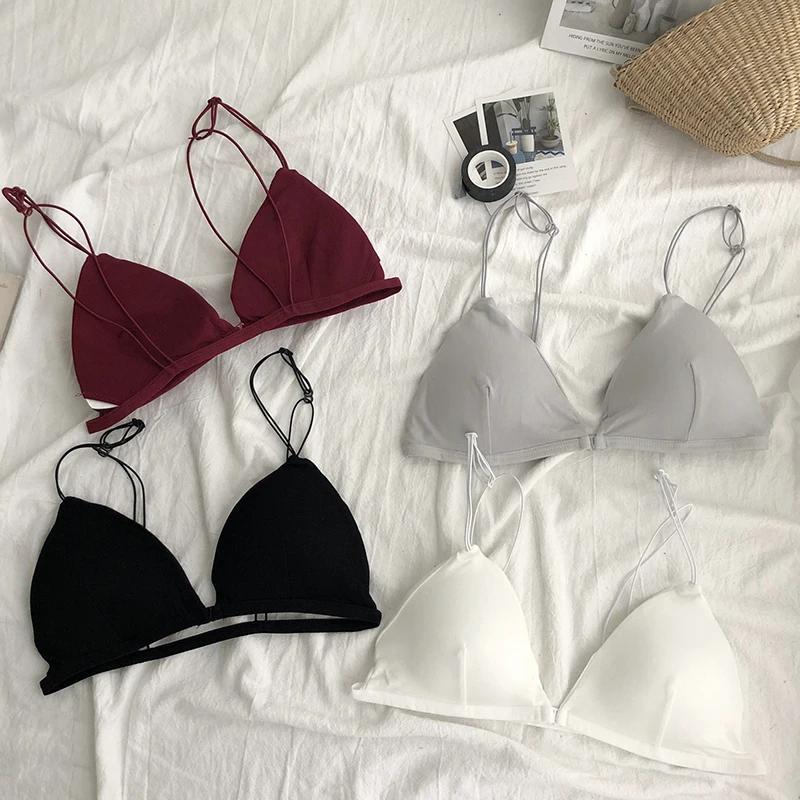 여성용 프렌치 스타일 브라, 섹시한 얇은 벨트 브라렛, 소녀 삼각형 컵 속옷, 딥 V 무선, 부드럽고 얇은 심리스 란제리