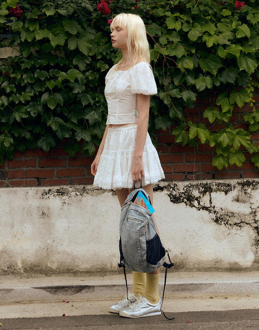 코튼 레이스 미니 스커트 - 화이트