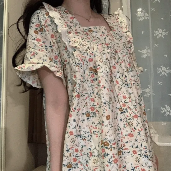 [당일출고/순면] 꽃만발 화사한 순면 레이스 러플 스퀘어넥 원피스 파자마 잠옷