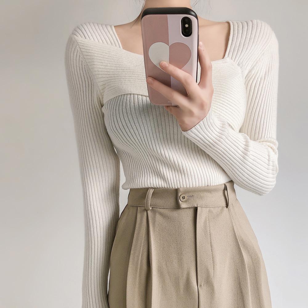 [무배]샌디드 스퀘어넥 사선 랩 골지 니트 (그레이/베이지/블랙/소라/아이보리)