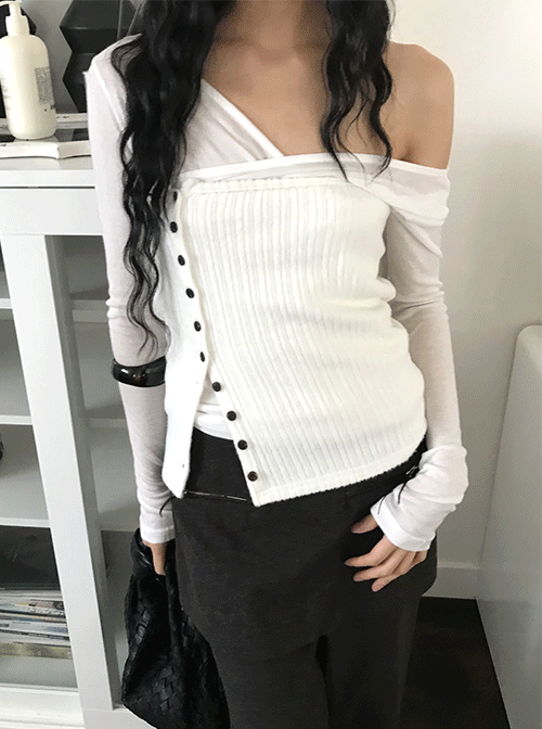 느웬 에버 단추 탑 (3colors) (골지탑/레이어드나시/오프숄더/레이어드룩/레이어드나시)