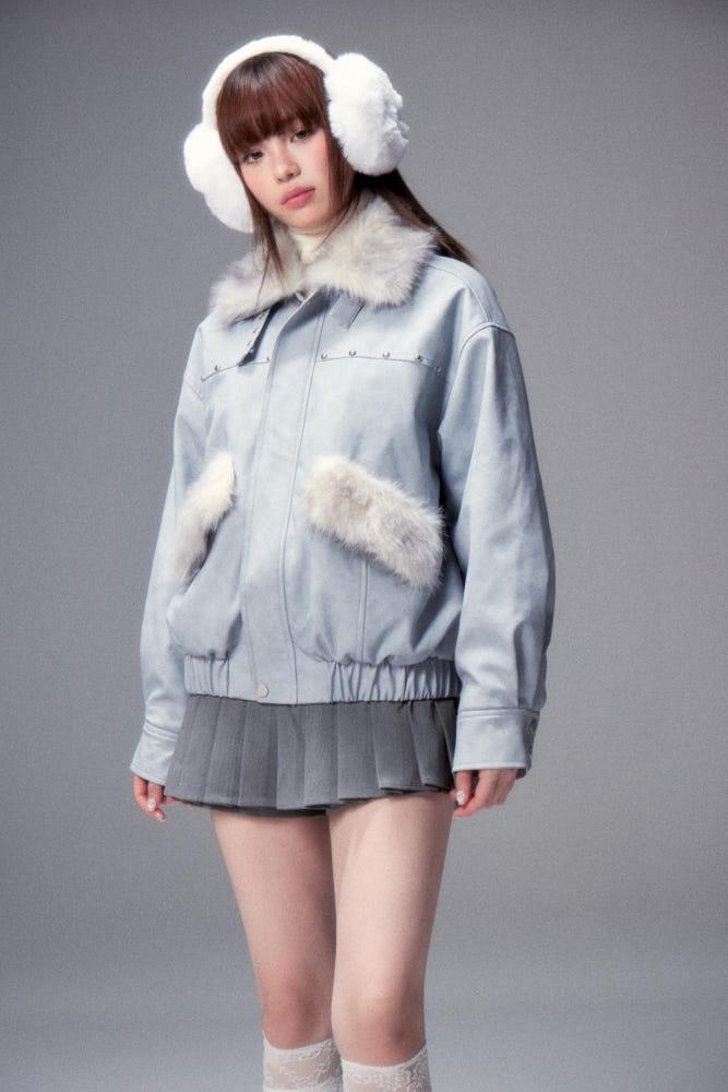 Lost Forest clear grey blue fur leather jacket 퍼 레더 자켓