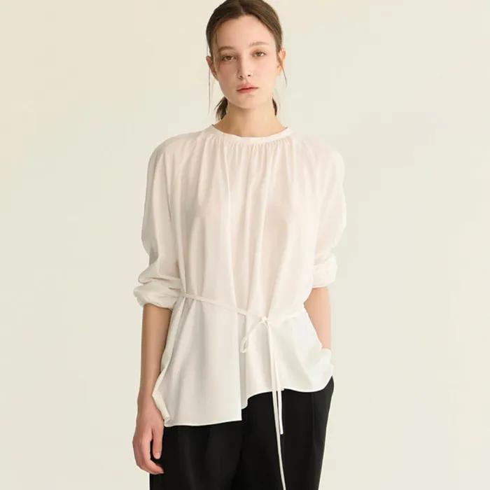 long sleeve neck-shirring blouse_wh