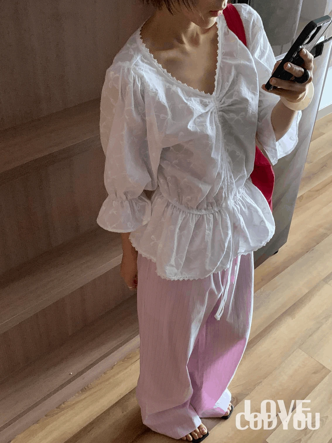 (made♥) 2way string lace blouse (ribbon)