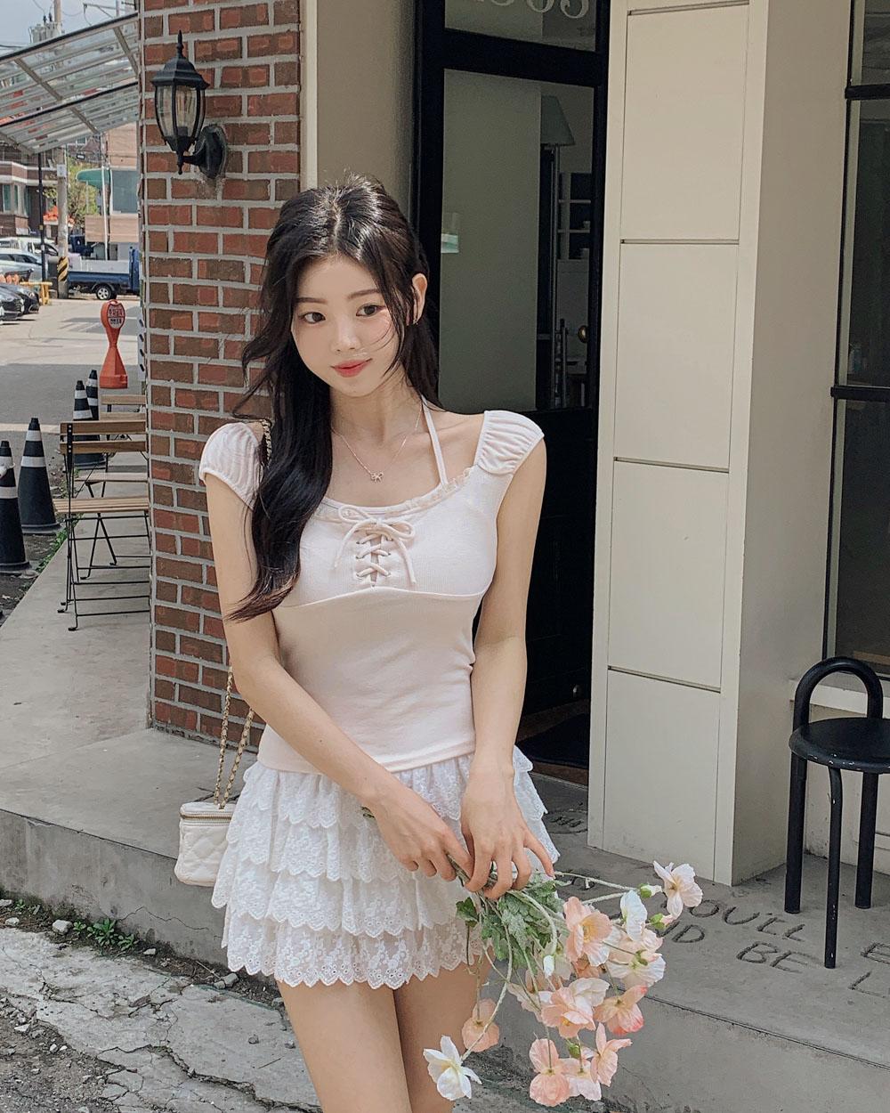 レースアップオフショルダースリムホルターネックTシャツ・S1915983