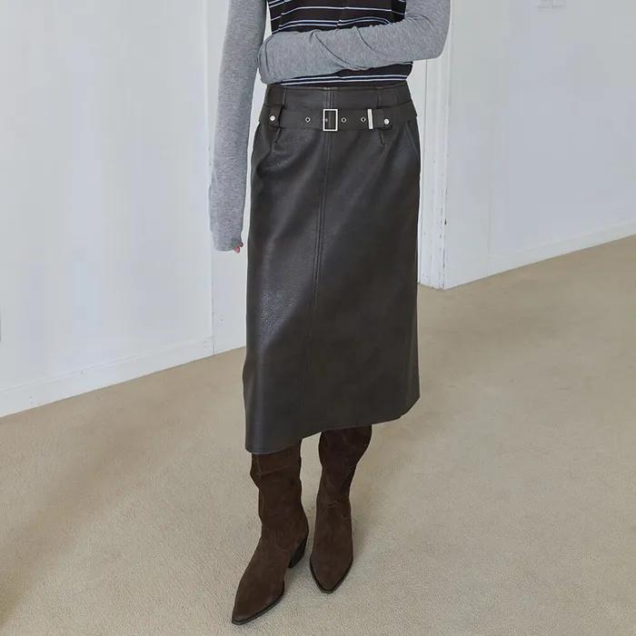 Belted Leather Midi Skirt in Brown VL5AS344-93