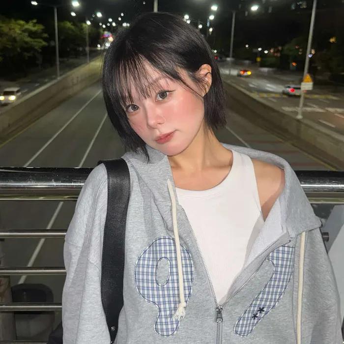 넘버링 체크 패치 후드 집업_멜란지그레이
