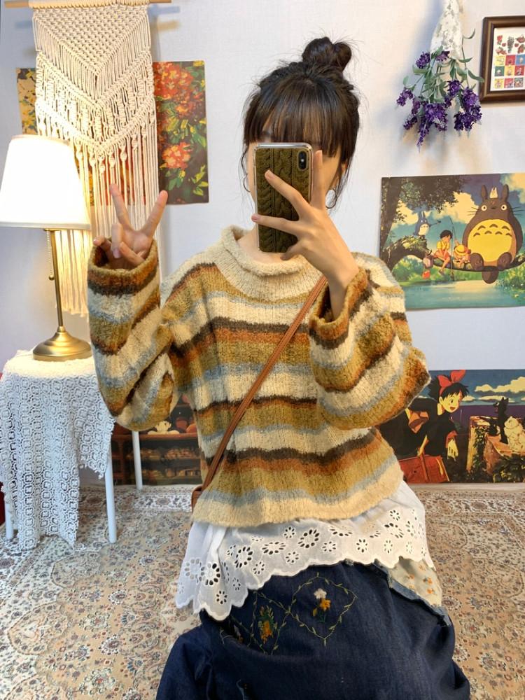 Stripe turtleneck wool knit ( beige, brown )