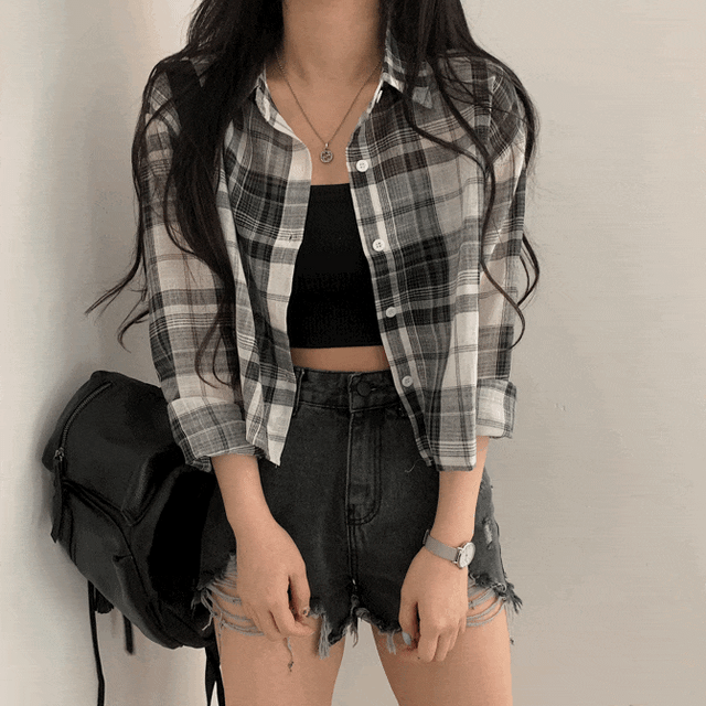 [데일리] 썸머 체크 크롭 남방, 셔츠;3col
