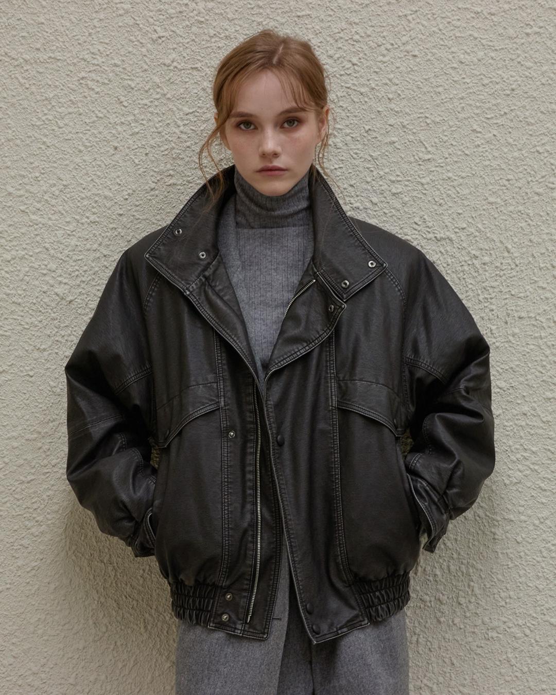 [EVENT_I] Pigment dyed leather bomber jacket Black