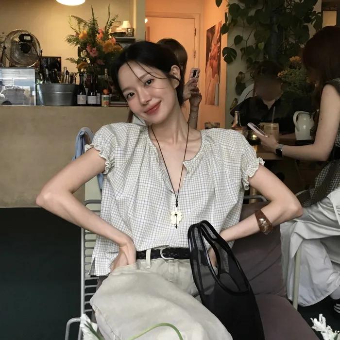 [인플루언서 착용/16th]checked puff sleeve blouse_lime green