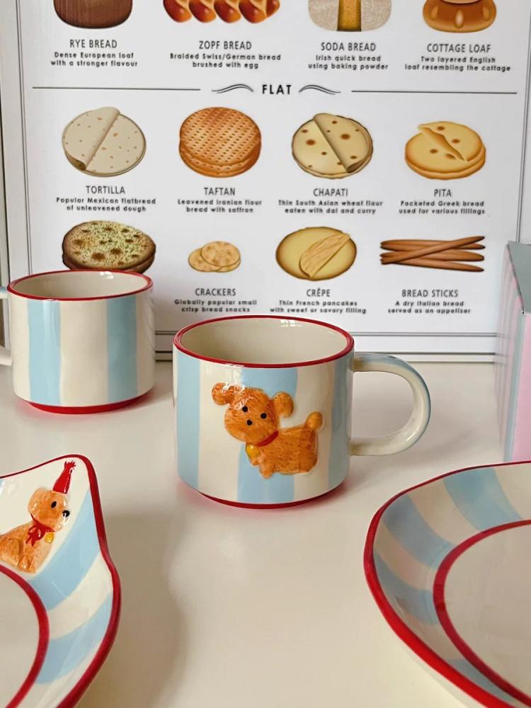 크림스튜디오 멍멍이 줄무늬 머그컵 접시세트