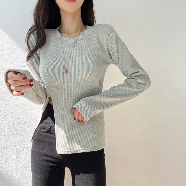 바비 어깨 패드 골지 루즈핏 옆 트임 긴팔 슬릿 티셔츠 4color