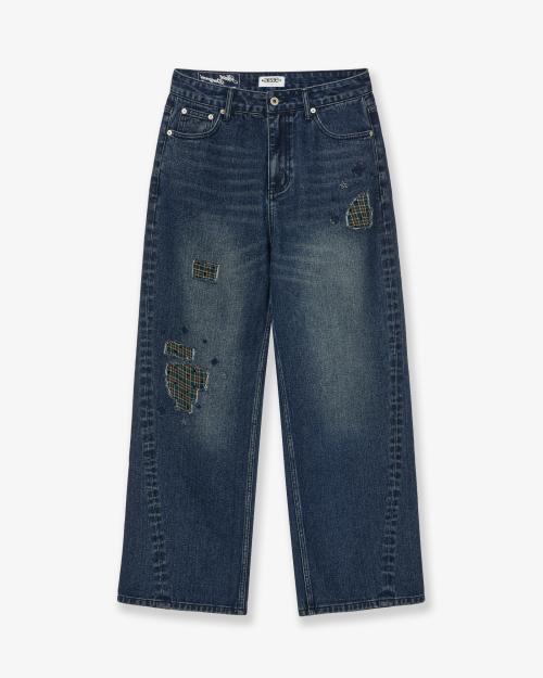 CHECK PATCHWORK DENIM PANTS [ASH BLUE]