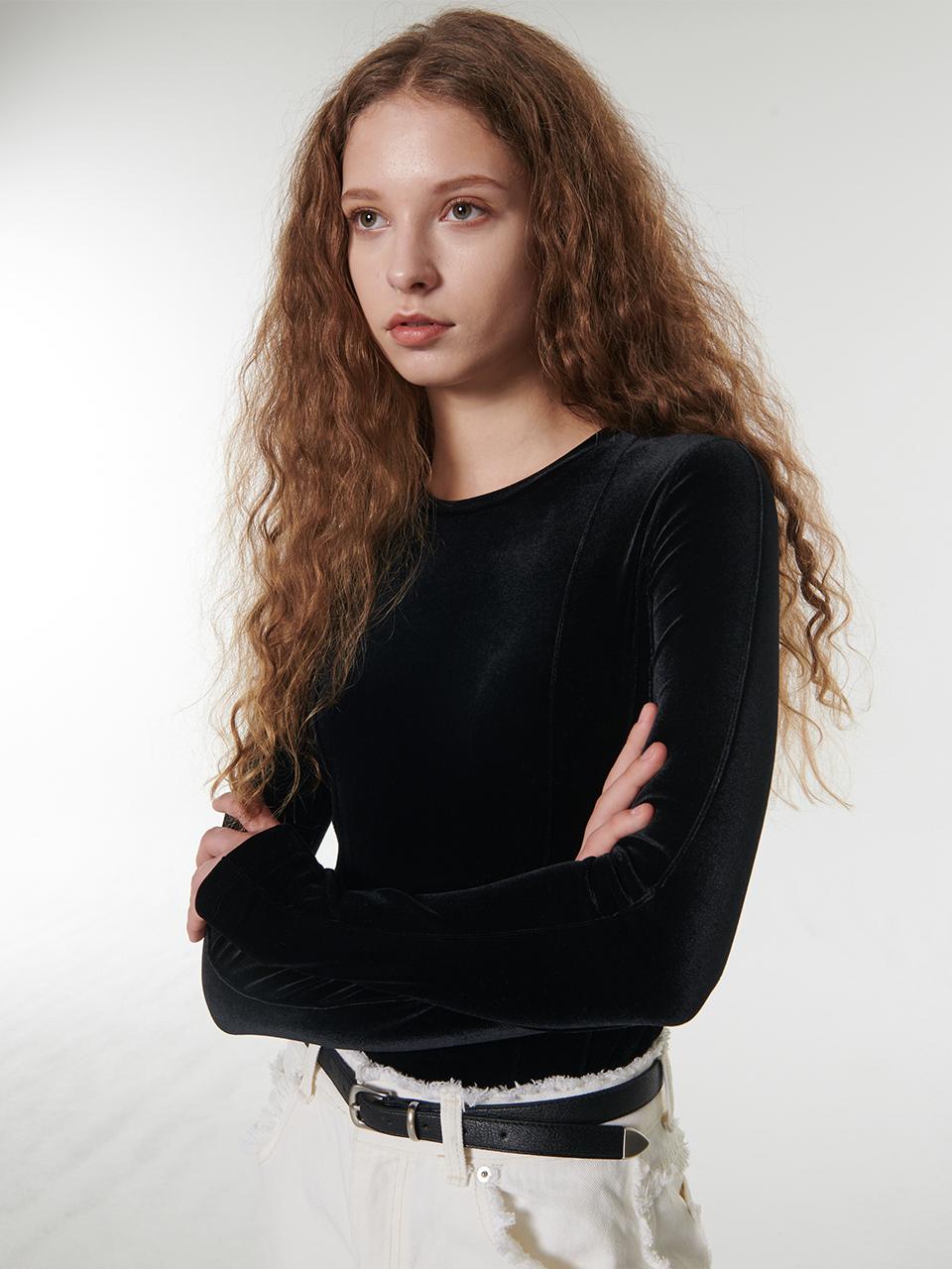 Pin-tuck velvet long sleeve T-shirt - Black