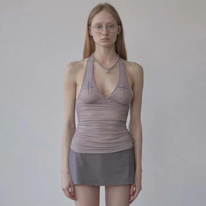 Beaded Mesh Halter Top Pale Purple