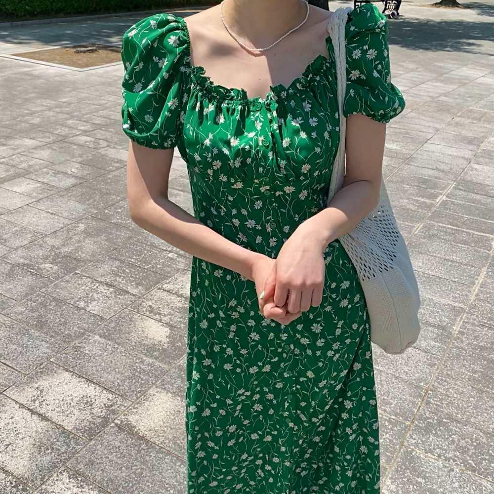 플라워 스퀘어넥 여름 슬림 셔링 퍼프 반팔 롱 원피스 (그린 블랙)