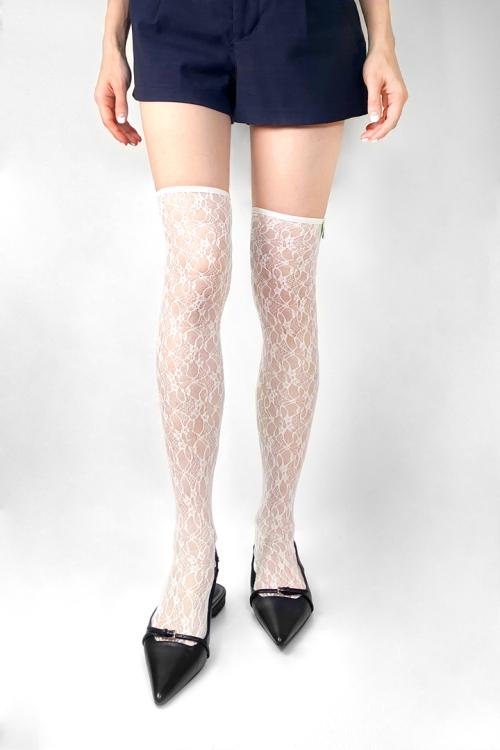 lace tied ribbon knee high stockings (white)