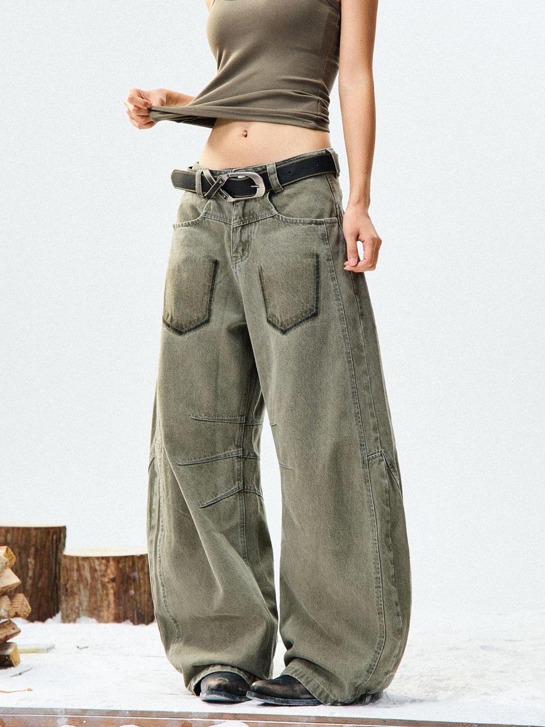빈티지 커브드 데님 팬츠 여성용 와이드핏 레트로 스타일