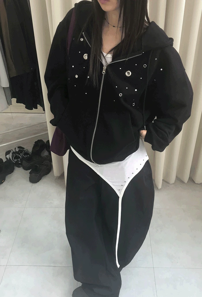 아일렛 큐빅 후드 집업