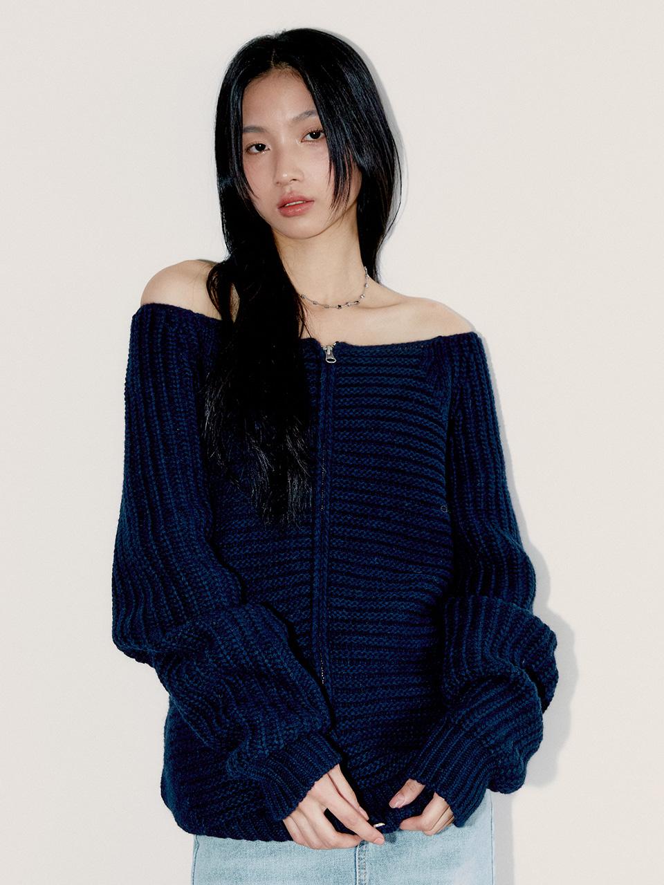 Off Shoulder Knit Zip Up, Navy