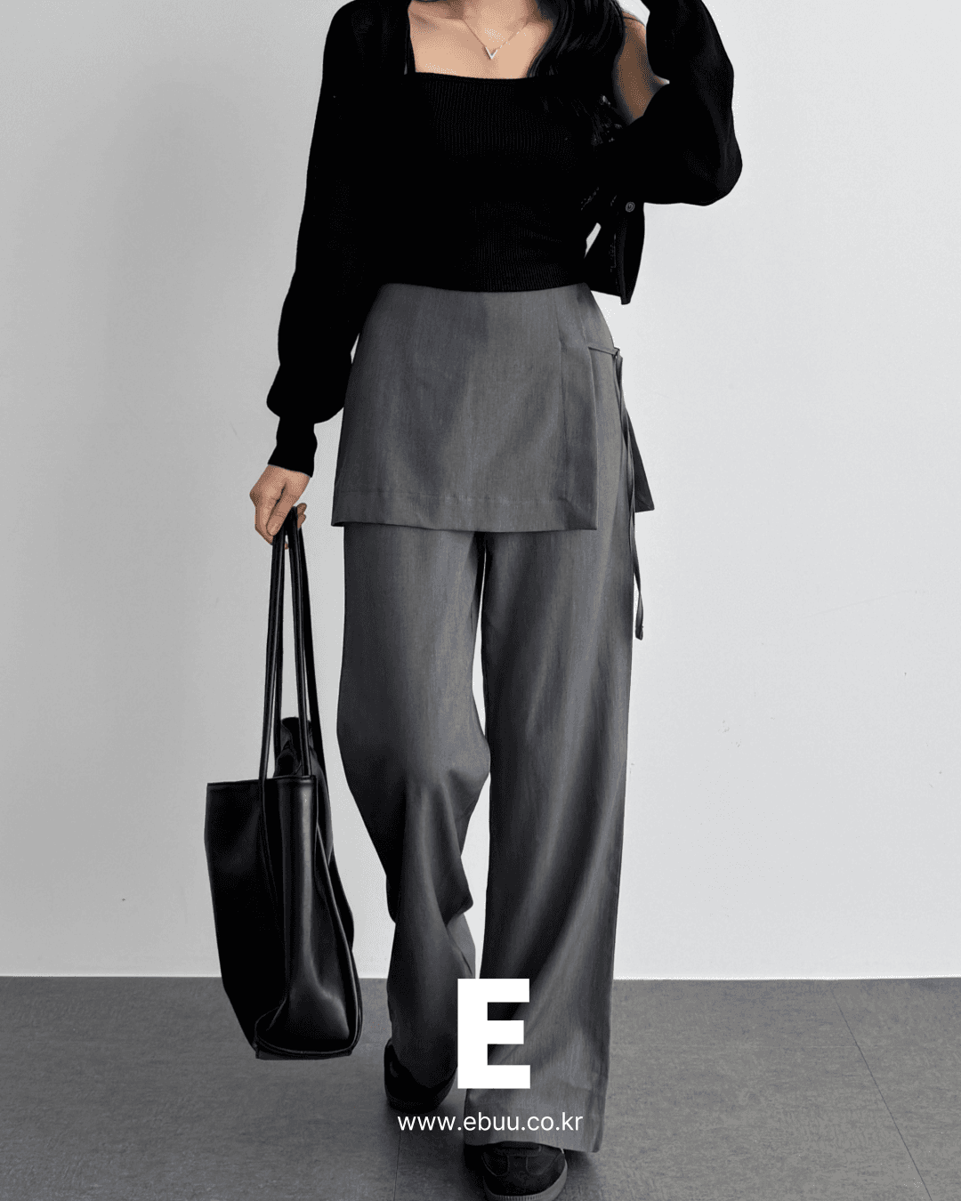 이버유 (S,M,L)[봄신상🏵️/예술핏/하체보정✨] 스타일리시 슬랙스 랩 스커트 버클 와이드 부츠컷 팬츠 - 3color
