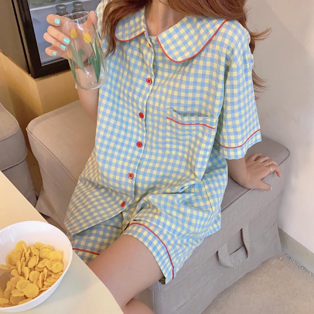 여성 피터팬 체크 반팔잠옷 귀여운 파자마 실내복 홈웨어 (2color)