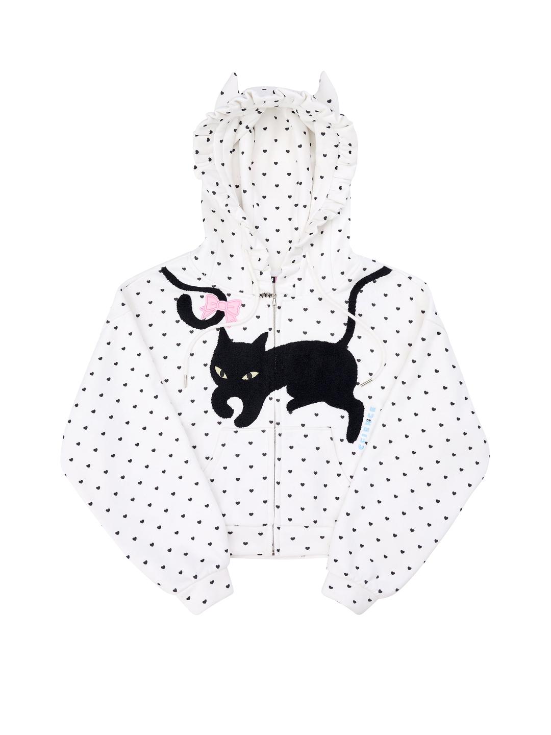 CAT POLKA DOT ZIPUP HOODIE - WHITE / S