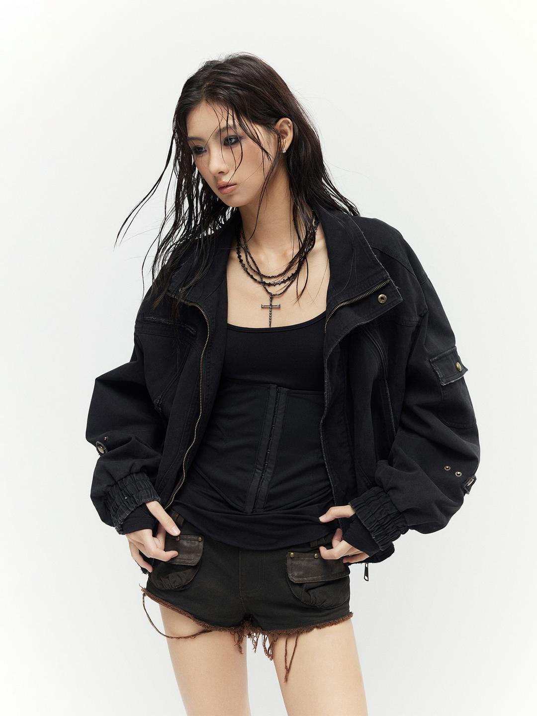 Low pixel Black Washed Deconstructed Flight Jacket