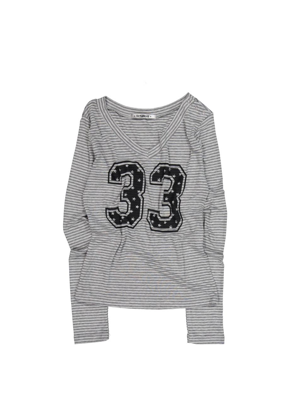 33 STRIPE V-NECK TOP / MELANGE GRAY