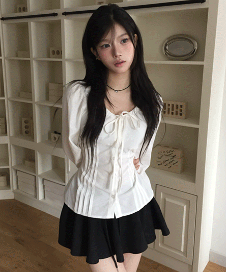 [Long Sleeve VER/Close Fit🖤] Daily Detto Pintuck Ribbon Blouse - 3 Colors