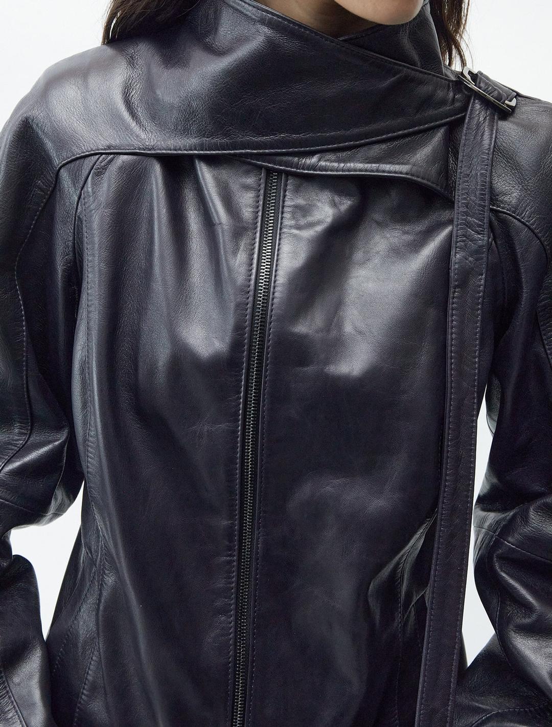 PLOMY-Leather jacket with a crossover neckline, fastened with a metal buckle