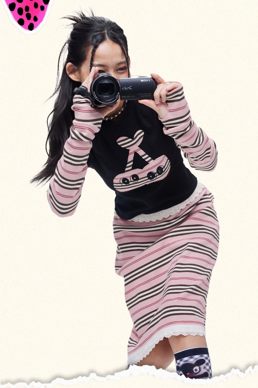 iscreamcolour MOF Black Cherry Patch T-shirt & Pink Striped Lace Skirt Set-up