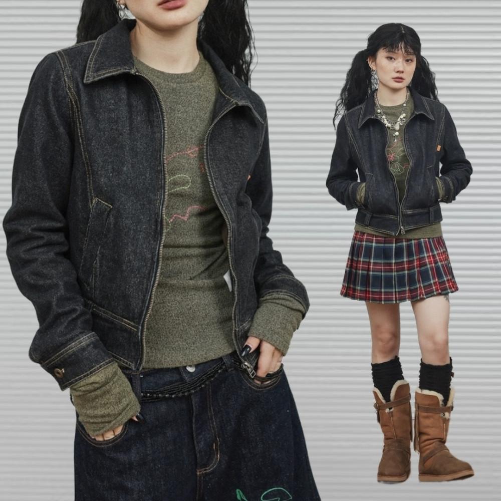 Achihara 블랙 짧은 데님 재킷