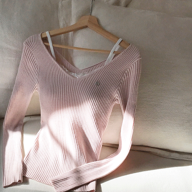 [딸기우유🍓🥛/말라핏!] 팬던트양V골지슬림니트티 (4color)