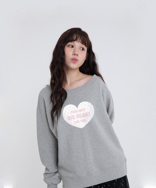 빅하트포유 프린트 보트넥 맨투맨 그레이