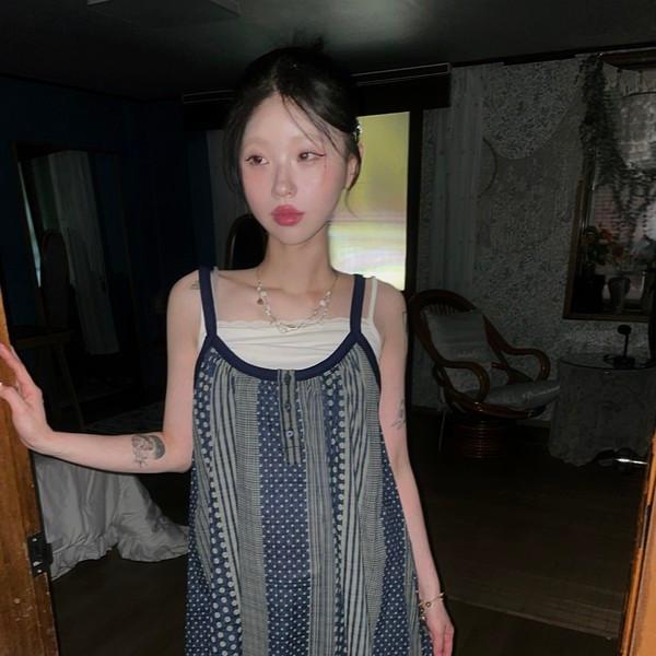 (2colo) 도트x체크x스트라이프 믹스 플레어 롱 슬리브리스