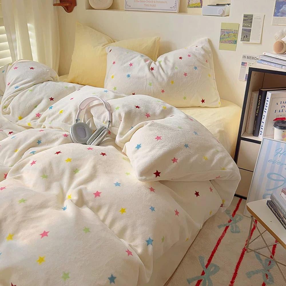 별 패턴 극세사 이불 커버 세트 베개 매트리스 양면 싱글 더블 퀸 겨울 아이방