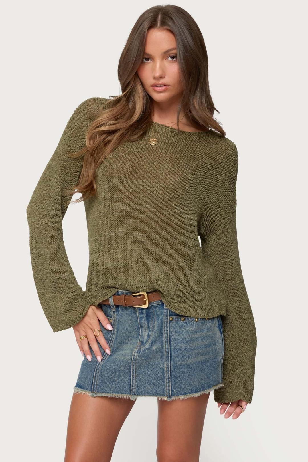 Drop Shoulder Light Knit Sweater - OLIVE / XS
