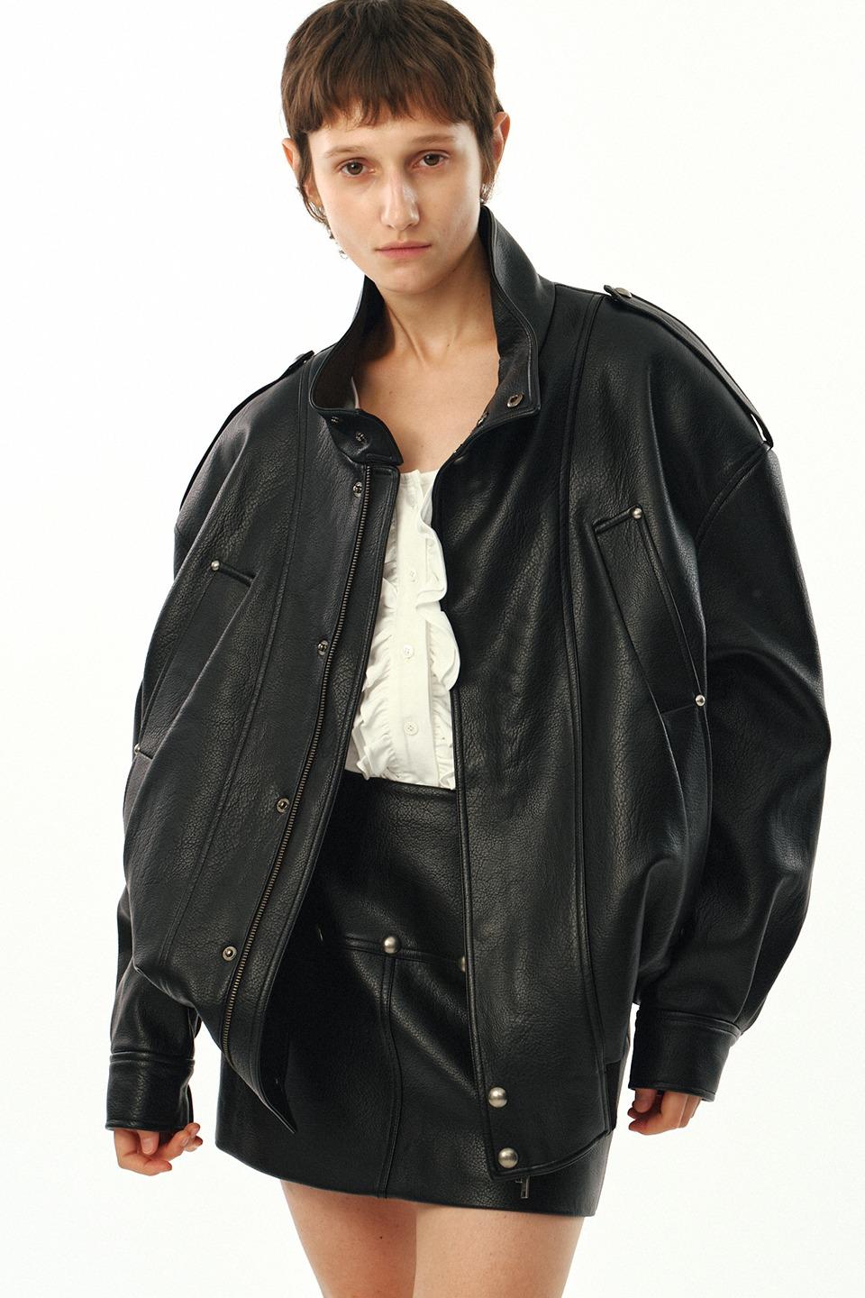 UNISEX, 4 Pocket Oversized Leather Blouson / Black