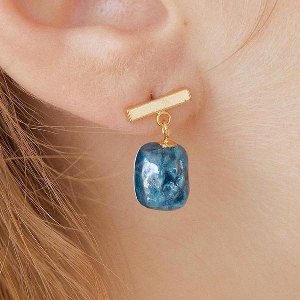 Gold bar Ceramic Drop Earring-Square(Classic Blue)
