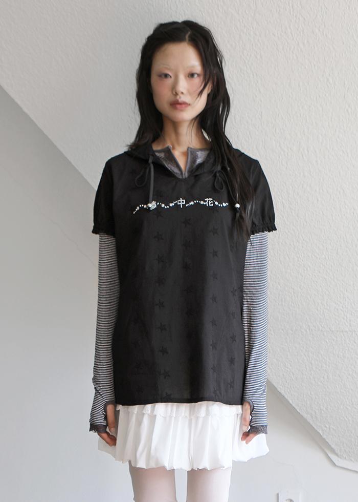 DREAM FLOWER HOOD LONG TOP BLACK