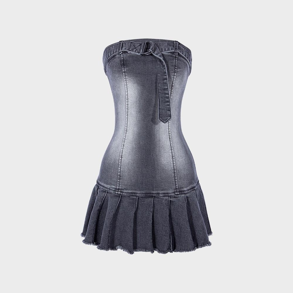 PLEATS WASHING DENIM MINI DRESS_Gray