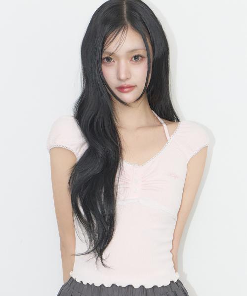 버튼 홀터 슬리브리스 핑크